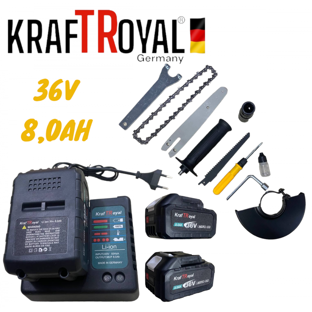 5в1 универсален комплект с 5 приставки, сменяеми глави KRAFTROYAL 36V 8AH: винтоверт, гайковерт, саблен трион, резачка за клони и ъглошлайф - Image 3