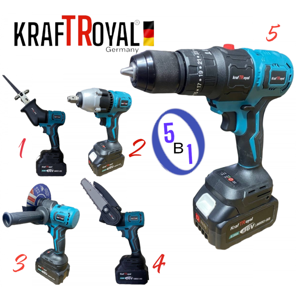 5в1 универсален комплект с 5 приставки, сменяеми глави KRAFTROYAL 36V 8AH: винтоверт, гайковерт, саблен трион, резачка за клони и ъглошлайф - Image 2