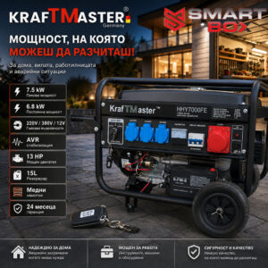 Бензинов генератор KRAFTMASTER 7.5kW 220V/380V/12V с AVR, колела и дръжки